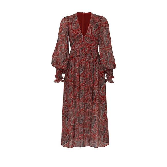 Thurley Golders Dress Paisley Boho Long Balloon Sleeve V-Neck A-Line Midi Red 4 - Picture 5 of 13